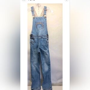 BODEN Fun Dungaree Overalls Girls 9-10Y Blue Denim Embroidered Rainbow Straight